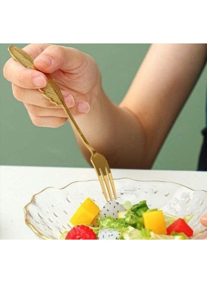 طقم شوك حلويات من الفولاذ المقاوم للصدأ الذهبي بتصميم ريشة، 6 قطع، شوك تقديم أنيقة للكيك والفواكه والحلويات، أدوات مائدة أنيقة للاستخدام اليومي والمناسبات الخاصة. - Image 5